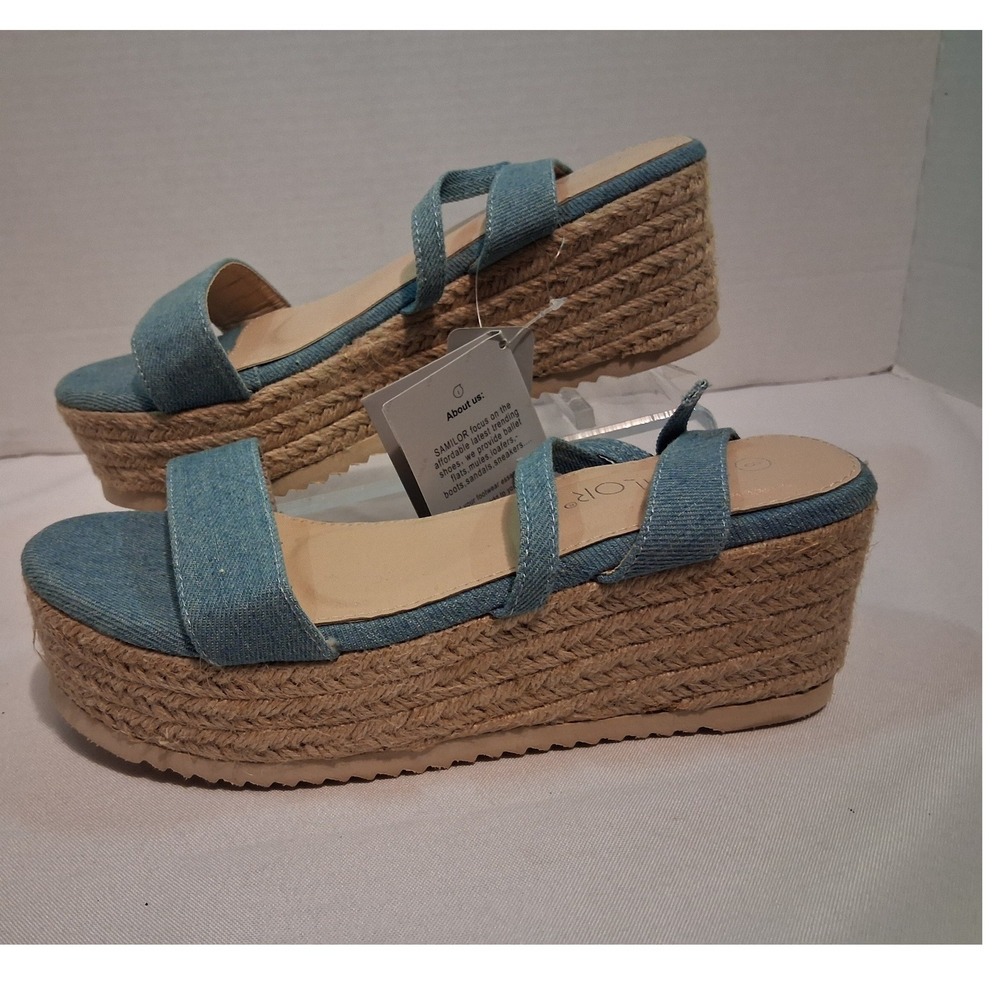 Samilor Womens Blue Denim Espadrille Platform Wedge Sandals Lace Up Ankle Tie 8